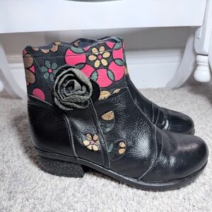 Floral Black Leather Ankle Boots